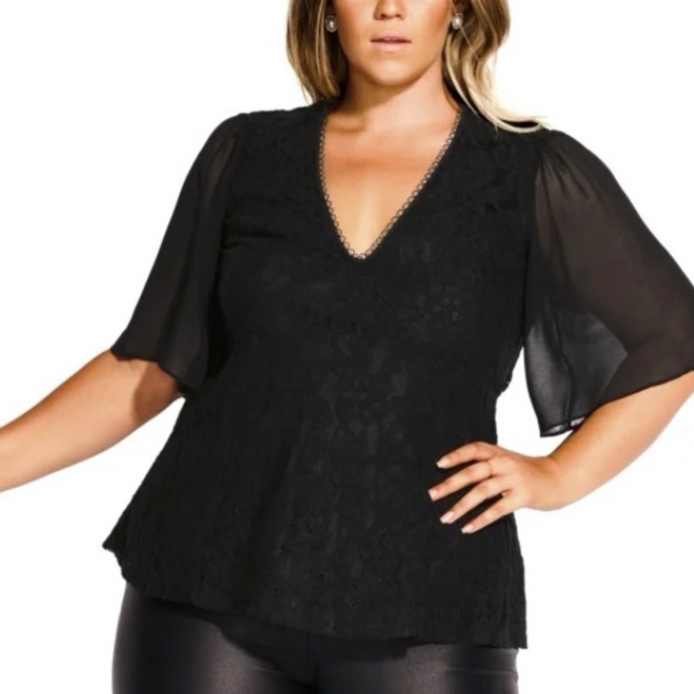 City Chic High Born Black Lace V-Neck Top, 18/M
